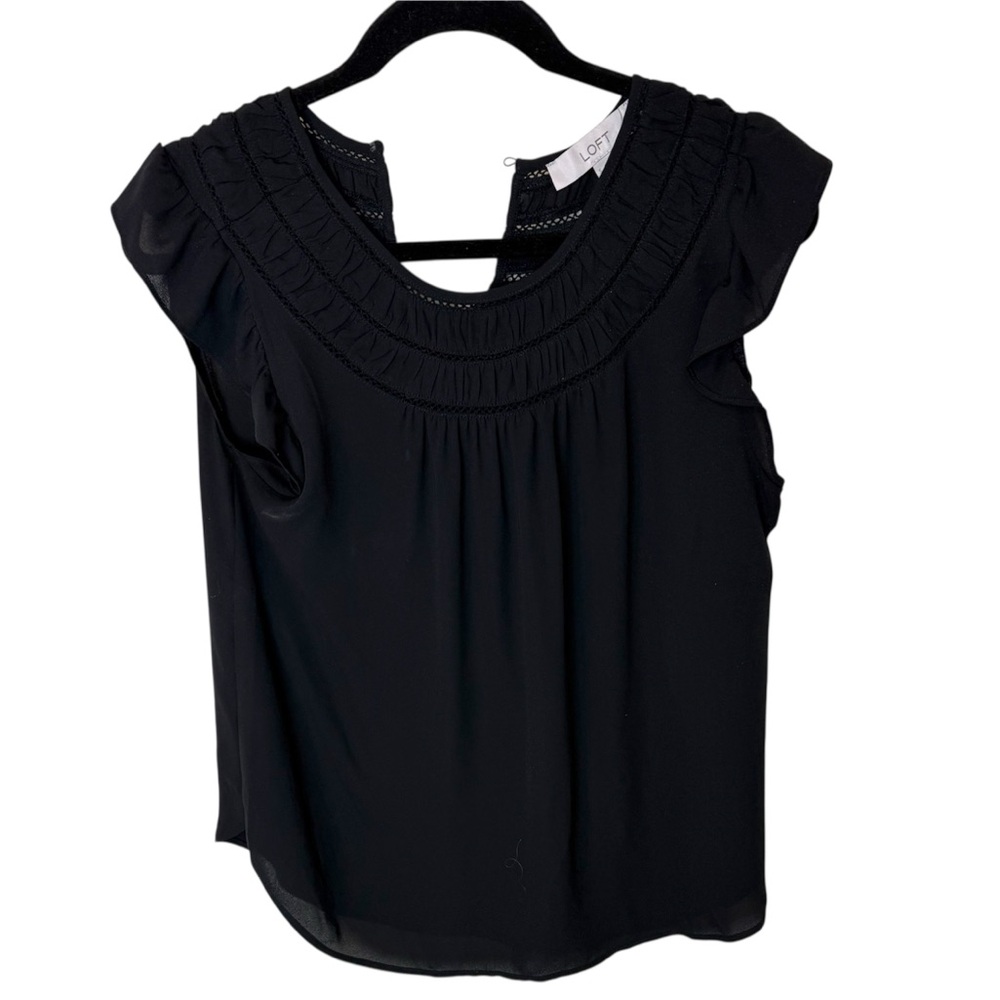 LOFT Black Flutter Sleeve Ruffled Blouse